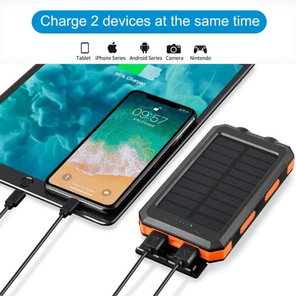 Solar Power Mini-Charger, 20000mAH, Waterproof, Dual Mini-USB, 2 LED Flashlight, Compass, - Image 5