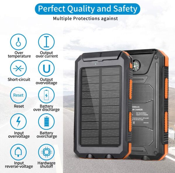 Solar Power Mini-Charger, 20000mAH, Waterproof, Dual Mini-USB, 2 LED Flashlight, Compass, - Image 7