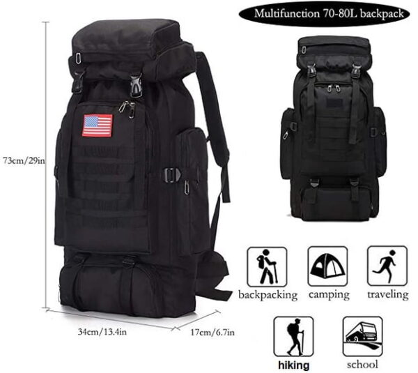 Backpack, Molle, 70L, Black, Waterproof, 1, 2 or 3 Month GoBag